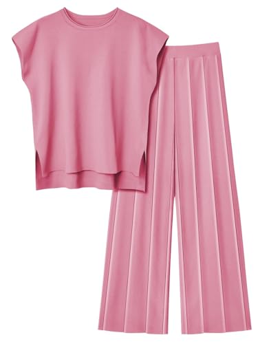Veriliss 2 Teilig Outfits Für Damen Pullover Sets Strickpullover Tops Elastische Taille Hosen Lounge Sets Trainingsanzug(Rosa,L) von Veriliss
