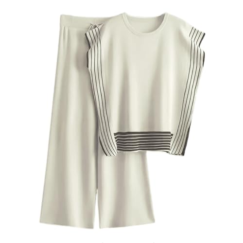 Veriliss 2 Teilig Outfits Für Damen Sommer Pullover Sets Strickpullover Tops Elastische Taille Hosen Lounge Sets Trainingsanzug(Streifen-Aprikose,XL) von Veriliss