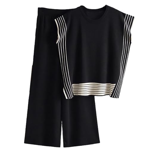 Veriliss 2 Teilig Outfits Für Damen Sommer Pullover Sets Strickpullover Tops Elastische Taille Hosen Lounge Sets Trainingsanzug(Streifen-Schwarz,XL) von Veriliss
