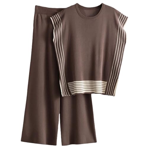 Veriliss 2 Teilig Outfits Für Damen Sommer Pullover Sets Strickpullover Tops Elastische Taille Hosen Lounge Sets Trainingsanzug(Streifen-braun,S) von Veriliss