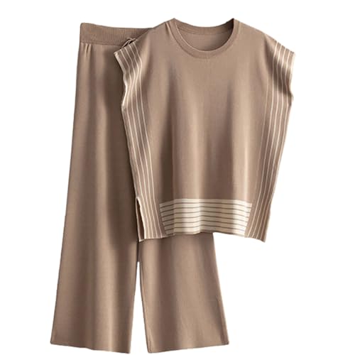 Veriliss 2 Teilig Outfits Für Damen Sommer Pullover Sets Strickpullover Tops Elastische Taille Hosen Lounge Sets Trainingsanzug(Stripe-Kaffee,XL) von Veriliss