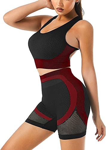 Veriliss 2 Teilig Trainingsanzug Damen, Sport Leggings Gym Set Yoga Jogginganzug Strumpfhosen Stretch-Sport-BH-Fitness-Set Sportbekleidung (2Pcs-Schwarz Rot,L) von Veriliss