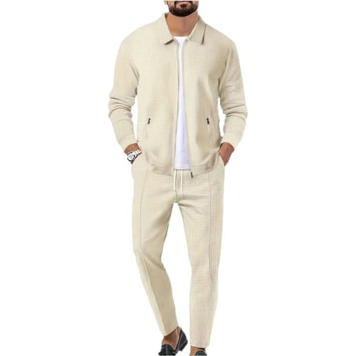 Veriliss Herren 2-Teilige Waffel Soft Hoodies Sweatsuit Sets Male Trainingsanzug-Sets Mit Durchgehendem Reißverschluss, Trendige Jacke Anzug Business Outfits(Aprikose,L) von Veriliss