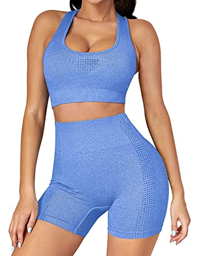 Veriliss 2-Teiliges Damen Yoga Trainingsanzüge Sport-BH Und Leggings Set Fitness Anzug Damen Set Trainingsoutfits BH + Shorts(Hüftheben Blau,L) von Veriliss