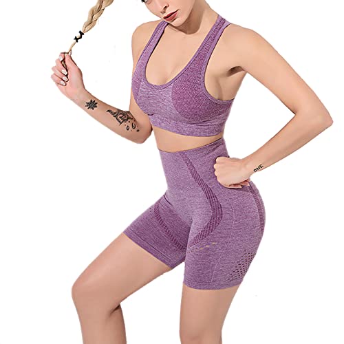 Veriliss 2-Teiliges Damen Yoga Trainingsanzüge Sport-BH Und Leggings Set Fitness Anzug Damen Set Trainingsoutfits BH + Shorts(Hüftheben Lila,L) von Veriliss