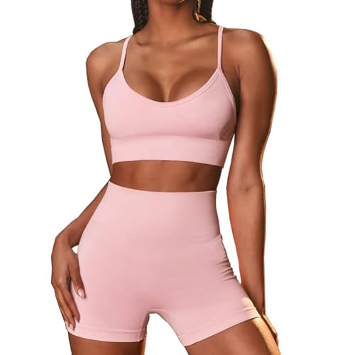 Veriliss 2-Teiliges Damen Yoga Trainingsanzüge Sportanzug Jogginganzug Fitness-Set Sling-BH + Shorts(Rosa2,L) von Veriliss