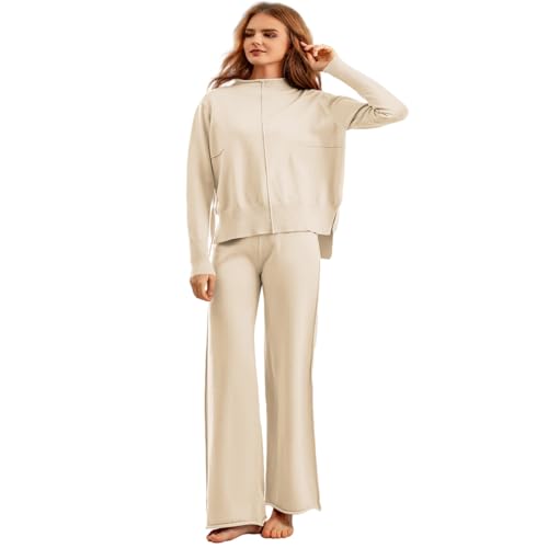 Veriliss Damen 2-Teilige Outfits Pullover Set Gestrickte Outfits Stehkragen Pullover Hosen Sweatsuit Loungewear Passende Trainingsanzüge(Aprikose,S) von Veriliss