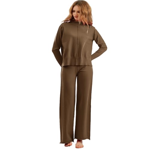 Veriliss Damen 2-Teilige Outfits Pullover Set Gestrickte Outfits Stehkragen Pullover Hosen Sweatsuit Loungewear Passende Trainingsanzüge(Braun,L) von Veriliss