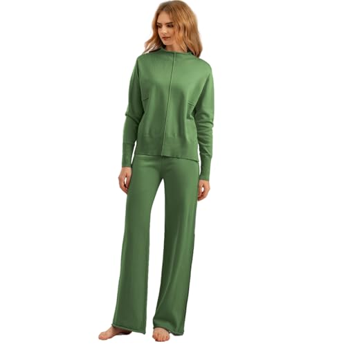 Veriliss Damen 2-Teilige Outfits Pullover Set Gestrickte Outfits Stehkragen Pullover Hosen Sweatsuit Loungewear Passende Trainingsanzüge(Grün,M) von Veriliss