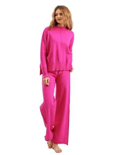 Veriliss Damen 2-Teilige Outfits Pullover Set Gestrickte Outfits Stehkragen Pullover Hosen Sweatsuit Loungewear Passende Trainingsanzüge(Rose,S) von Veriliss