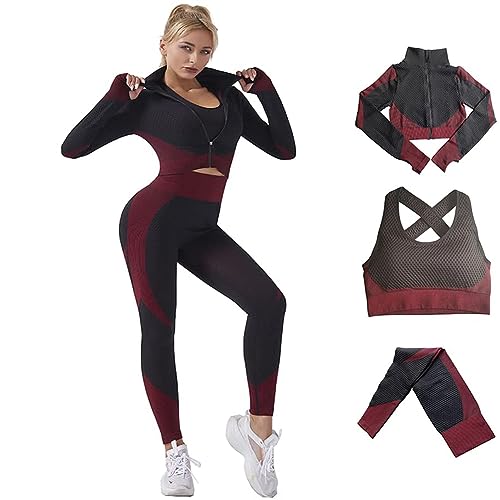 Veriliss Damen Sportanzüge Jogginganzug Sport Sets 3-Piece Gym Outfit Hosen und Sports Suit Crop Top Sportjacke Bekleidungssets Yoga Freizeitanzug Sportswear (Schwarz Rot,M) von Veriliss