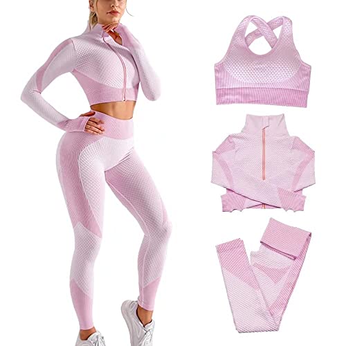 Veriliss Damen Sportanzüge Jogginganzug Sport Sets 3-Piece Gym Outfit Hosen und Sports Suit Crop Top Sportjacke Bekleidungssets Yoga Freizeitanzug Sportswear (Pink Purple,L) von Veriliss