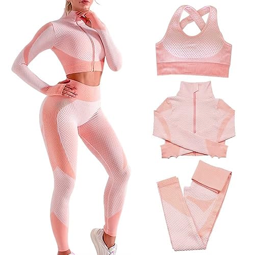 Veriliss Damen Sportanzüge Jogginganzug Sport Sets 3-Piece Gym Outfit Hosen und Sports Suit Crop Top Sportjacke Bekleidungssets Yoga Freizeitanzug Sportswear（Rosa，L von Veriliss