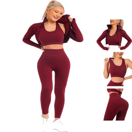 Veriliss Damen 3teiliger Trainingsanzug Nahtlose Yoga-Leggings und Stretch-Sport-BH-Fitness-Set Jogginganzug Reißverschluss Kapuzen Trainingsanzug Set Fitness Jogging Tennis Laufen (Rot,M) von Veriliss