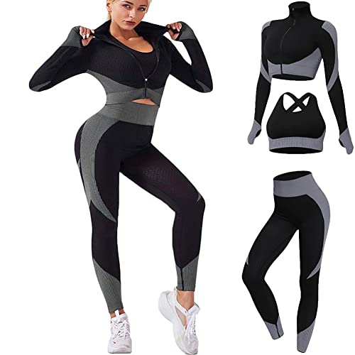 Veriliss Damen Sportanzüge Jogginganzug Sport Sets 3-Piece Gym Outfit Hosen und Sports Suit Crop Top Sportjacke Bekleidungssets Yoga Freizeitanzug Sportswear (SchwarzGrau,L) von Veriliss