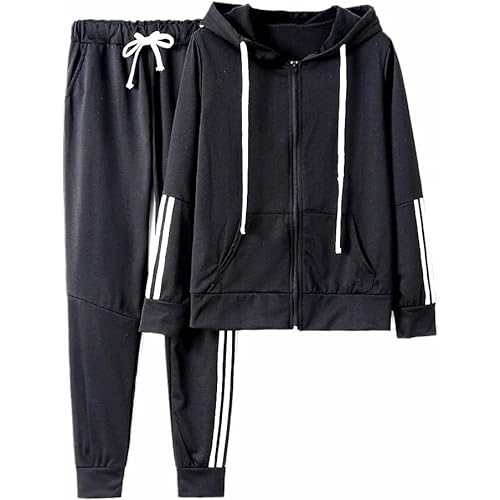 Veriliss Jogginganzug Damen Set Trainingsanzug Zweiteiler Frauen Sport Anzug Polyester Freizeitanzug Kapuzenjacke&Sporthose(Schwarz,S) von Veriliss