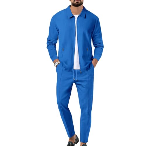 Veriliss Herren 2-Teilige Waffel Soft Hoodies Sweatsuit Sets Male Trainingsanzug-Sets Mit Durchgehendem Reißverschluss, Trendige Jacke Anzug Business Outfits(Blau,L) von Veriliss