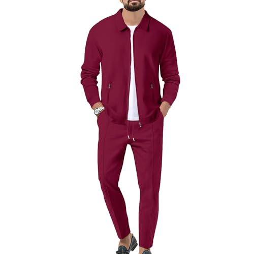 Veriliss Herren 2-Teilige Waffel Soft Hoodies Sweatsuit Sets Male Trainingsanzug-Sets Mit Durchgehendem Reißverschluss, Trendige Jacke Anzug Business Outfits(Claret,S) von Veriliss