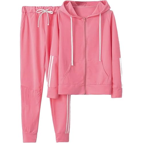 Veriliss Jogginganzug Damen Set Trainingsanzug Zweiteiler Frauen Sport Anzug Polyester Freizeitanzug Kapuzenjacke&Sporthose(Rosa,XL) von Veriliss