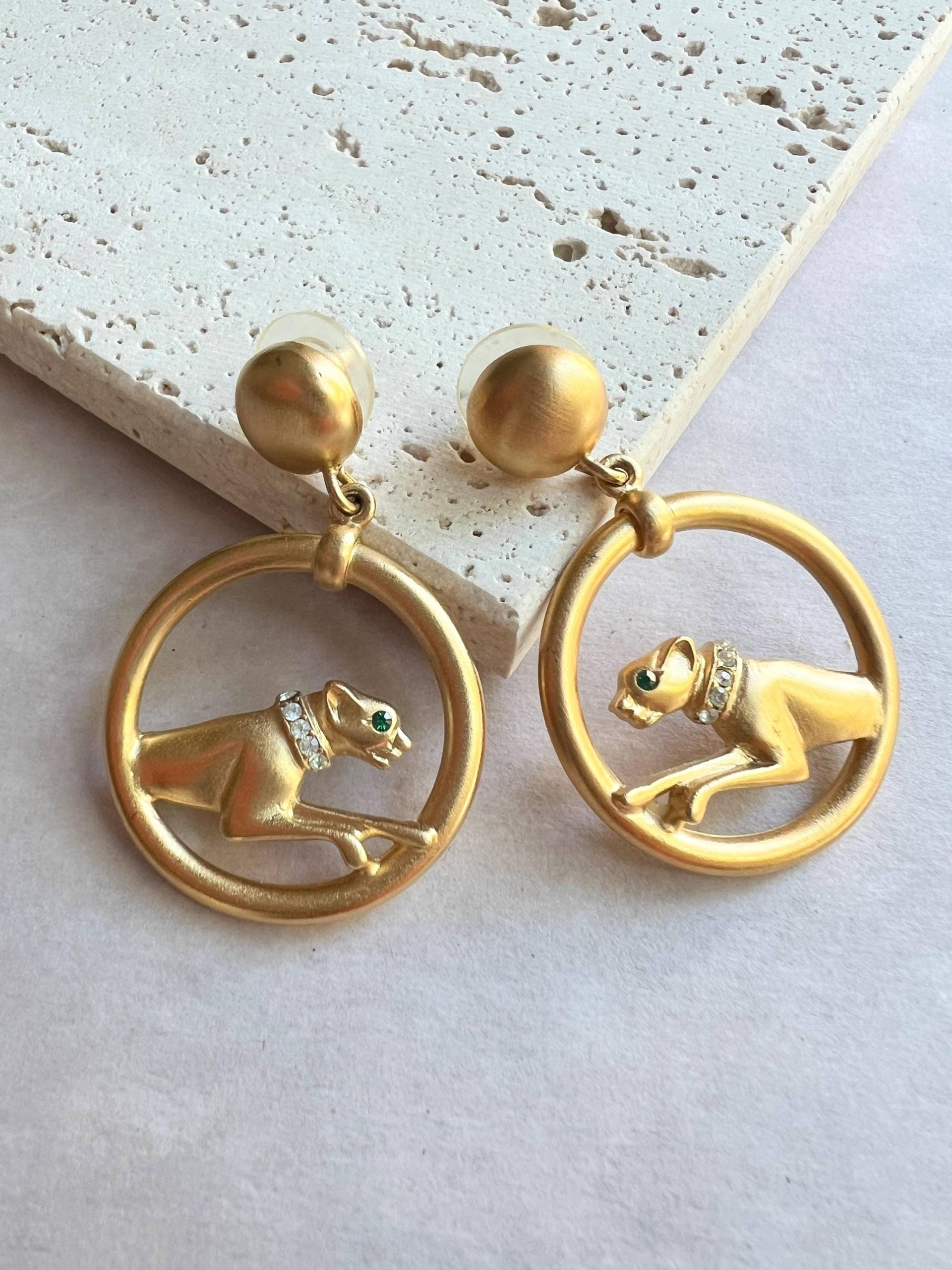 Jackie Collin Vintage Satin Gold Tone Green Eyed Panther Ohrringe, 1980Er Jahre von VeritaVintage