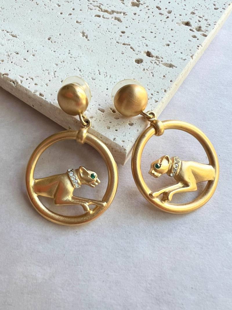 Jackie Collin Vintage Satin Gold Tone Green Eyed Panther Ohrringe, 1980Er Jahre von VeritaVintage