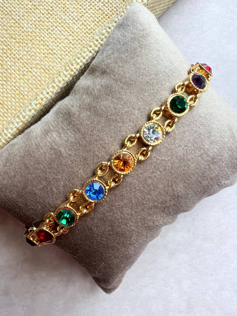 Joan Rivers Vintage Gold Metall & Bunte Strasssteine Tennisarmband, 1990Er Jahre von VeritaVintage