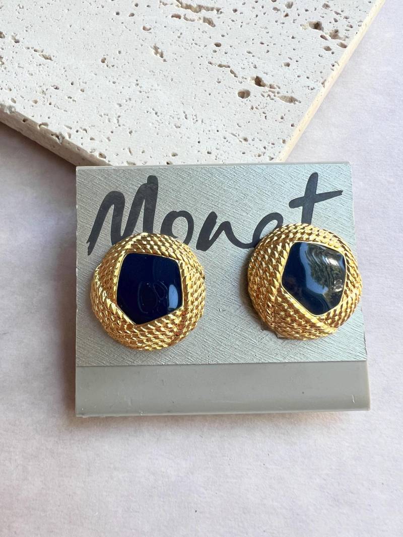 Monet Vintage Ohrclips Aus Goldfarbenem Metall & Blauer Emaille, 1990S von VeritaVintage