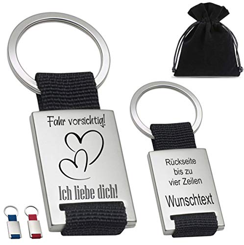 Verlag HE Schlüsselanhänger mit Gravur - Fahr vorsichtig! Ich liebe Dich! - inkl. Samtbeutel Name Spruch personalisiert (optional) Geschenk Idee f. Auto-Fahrer Führerschein Valentinstag von Verlag HE