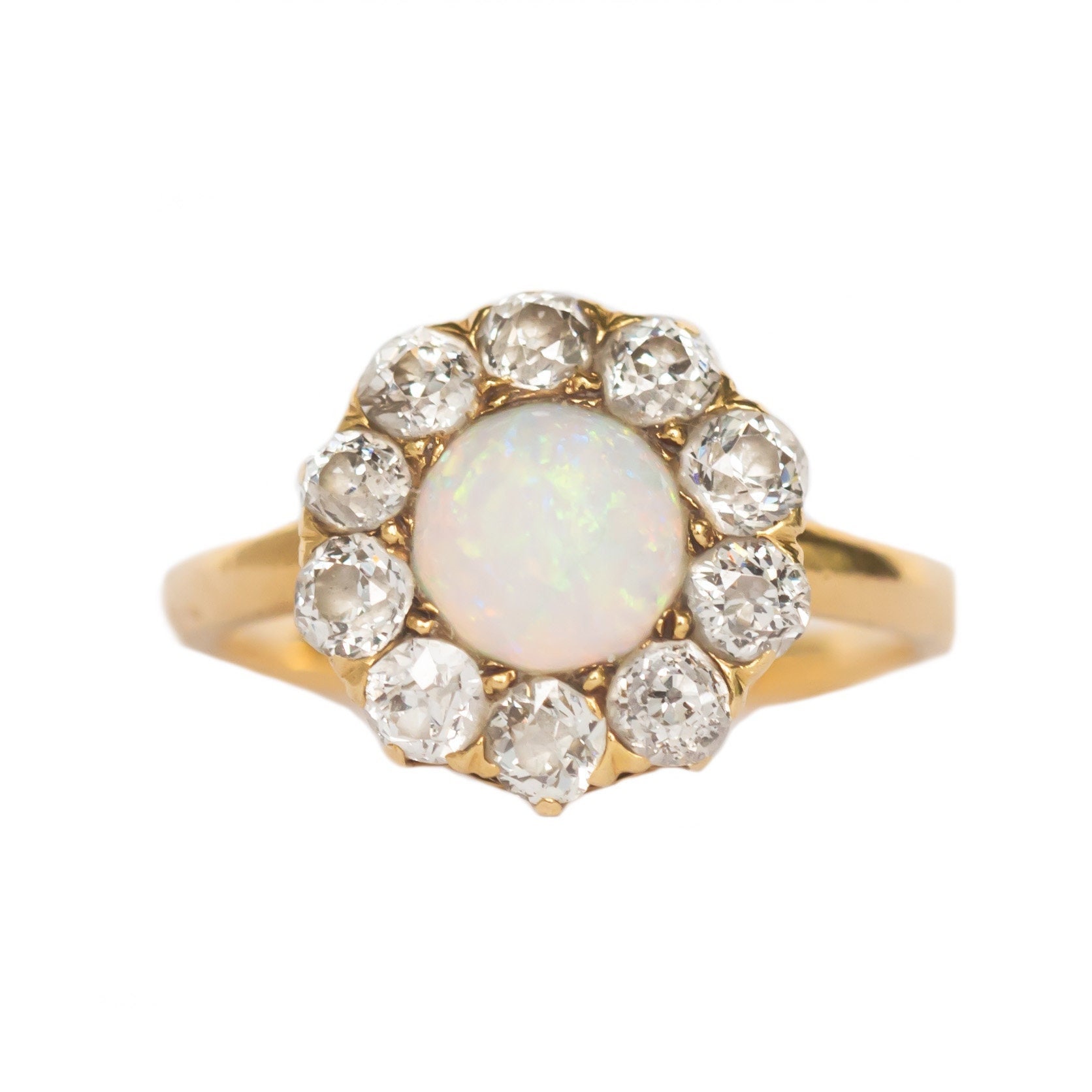 Zirka 1900 Edwardian 14K Gelbgold 1.00Ct Opal Und .80Cttw Antique Kissen Diamant Verlobungsring-Veg # 1434 von VermaEstateJewels