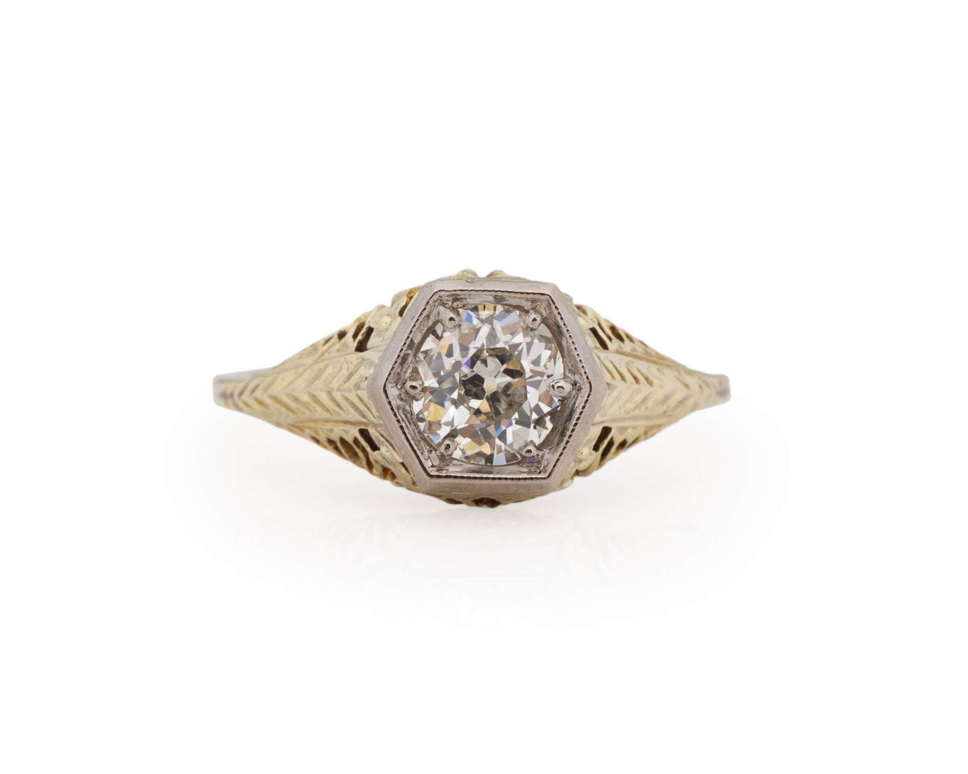 Zirka 1920 Art Deco 14 Karat Gelbgold Gia-Zertifizierter 82 Alter Bergwerksdiamant-Verlobungsring - Veg # 1927 von VermaEstateJewels