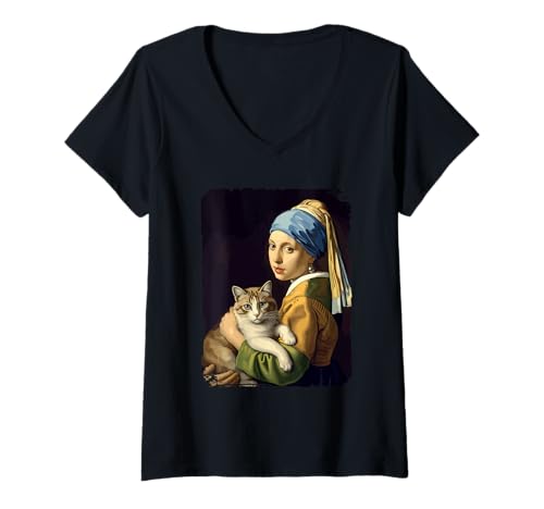 Damen Girl With a Pearl Earring and a Cat Klassische Kunst Parodie T-Shirt mit V-Ausschnitt Damen Girl With a Pearl Earring and a Cat Klassische Kunst Parodie T-Shirt mit V-Ausschnitt von Vermeer Inspiration Katze Nostalgie Kunstwerk