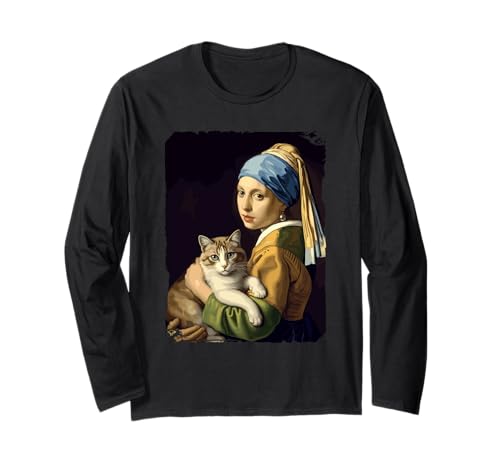 Girl With a Pearl Earring and a Cat Klassische Kunst Parodie Langarmshirt Girl With a Pearl Earring and a Cat Klassische Kunst Parodie Langarmshirt von Vermeer Inspiration Katze Nostalgie Kunstwerk