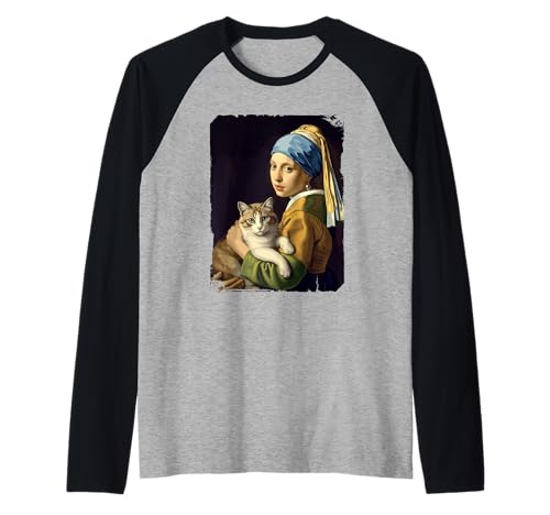 Girl With a Pearl Earring and a Cat Klassische Kunst Parodie Raglan Girl With a Pearl Earring and a Cat Klassische Kunst Parodie Raglan von Vermeer Inspiration Katze Nostalgie Kunstwerk