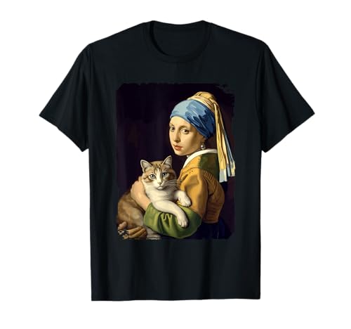Girl With a Pearl Earring and a Cat Klassische Kunst Parodie T-Shirt Girl With a Pearl Earring and a Cat Klassische Kunst Parodie T-Shirt von Vermeer Inspiration Katze Nostalgie Kunstwerk