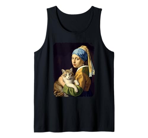 Girl With a Pearl Earring and a Cat Klassische Kunst Parodie Tank Top Girl With a Pearl Earring and a Cat Klassische Kunst Parodie Tank Top von Vermeer Inspiration Katze Nostalgie Kunstwerk