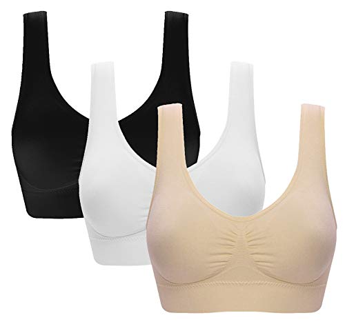 Vermilion Bird Damen 3er-Pack Nahtlose Bequeme Sport-BH mit herausnehmbaren Polstern l 34b 34c 34d 36a Schwarz & Weiß & Nude von Vermilion Bird
