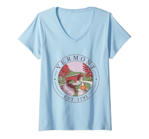 Damen Vermont Retro State 1791 Hemd Covered Bridge Herbst T-Shirt mit V-Ausschnitt von Vermont Retro State 1791 Tee Shirts for All
