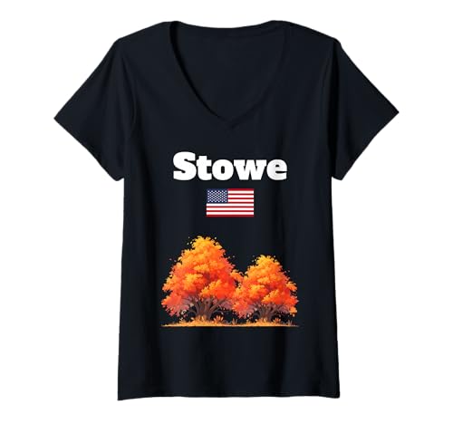 Damen Stowe Herbstbäume Herbstlaub US-Flagge Vermont Souvenir T-Shirt mit V-Ausschnitt von Vermont autumn enthusiast souvenir apparel