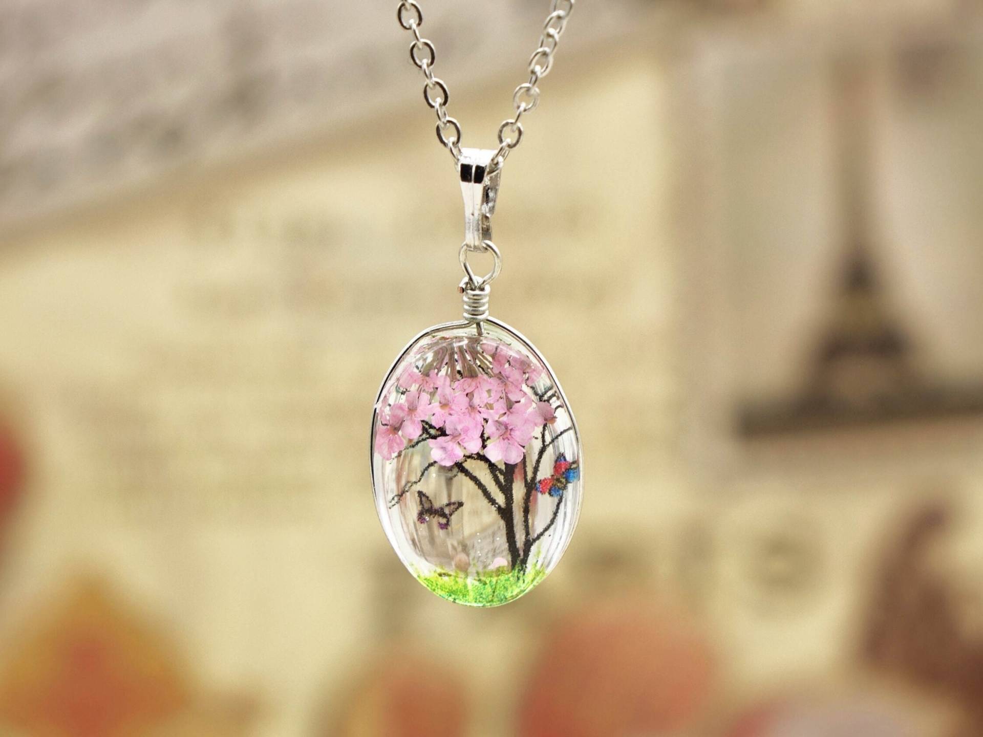 Gepresste Blumen Halskette - Kirschblüten Echte Harz Geschenk Baum Des Lebens Fairycore Cottagecore Schmuck von VernaArtisanWorks