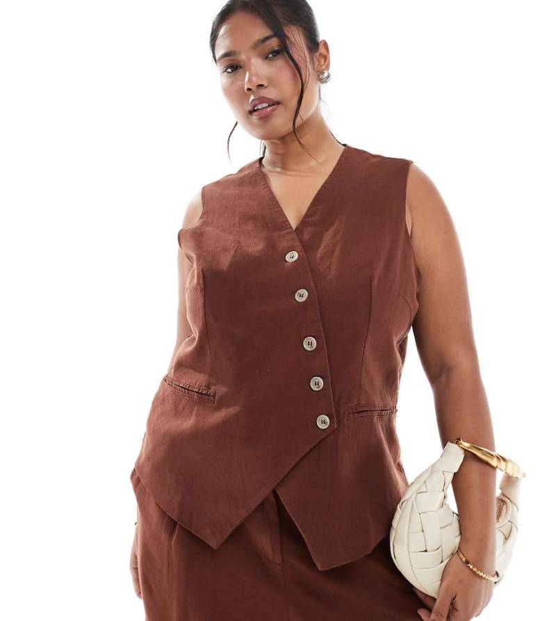 Vero Moda Curve - Asymmetrische Weste mit Leinenoptik in Schokobraun und Knopfleiste vorne, Kombiteil von Vero Moda Curve