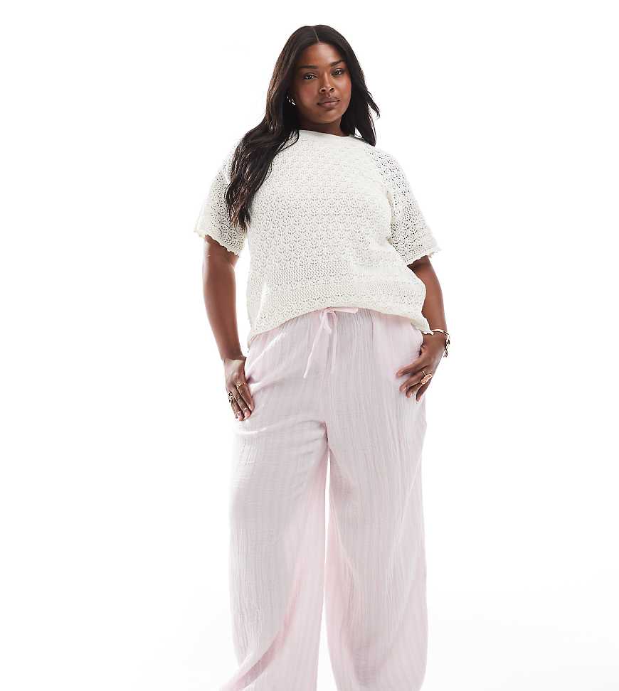Vero Moda Curve - Baumwoll-Hose in gestreiftem Blassrosa mit weitem Bein von Vero Moda Curve