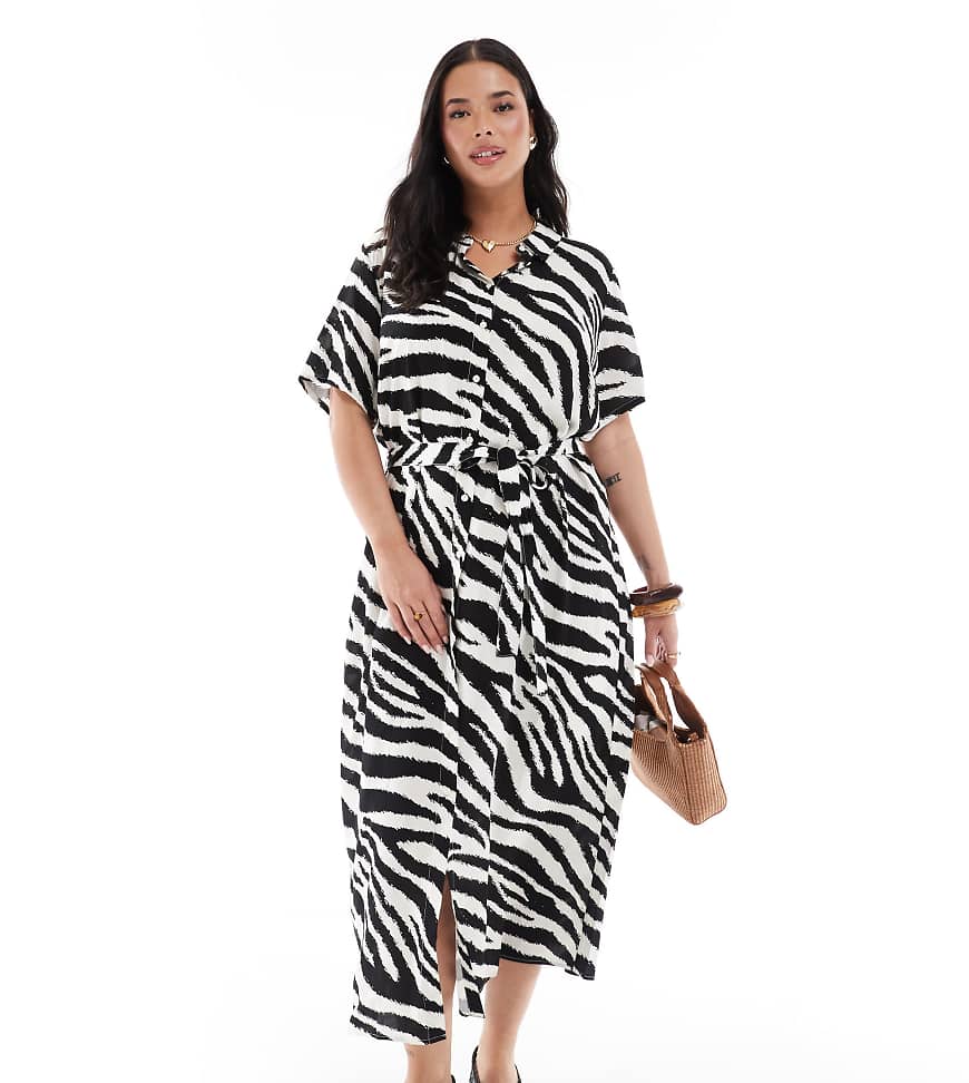 Vero Moda Curve - Easy - Durchgeknöpftes, langes Hemdblusenkleid mit Zebramuster-Weiß von Vero Moda Curve
