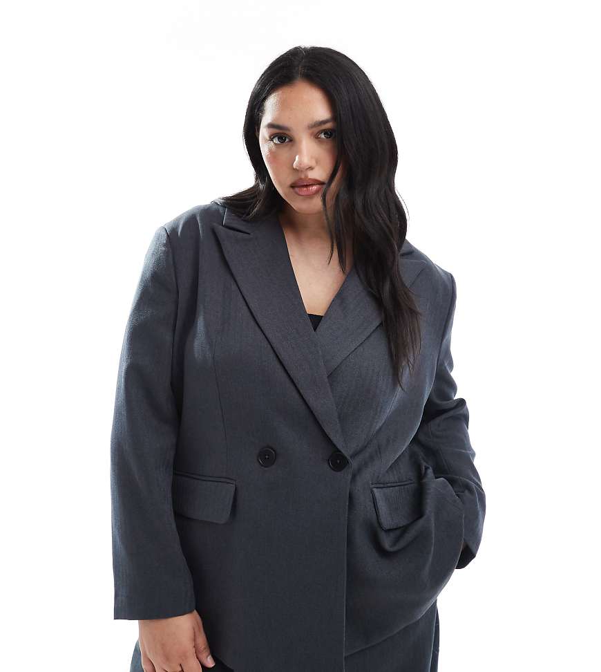 Vero Moda Curve - Eleganter Blazer in meliertem Dunkelgrau mit Fischgrätmuster, Kombiteil von Vero Moda Curve