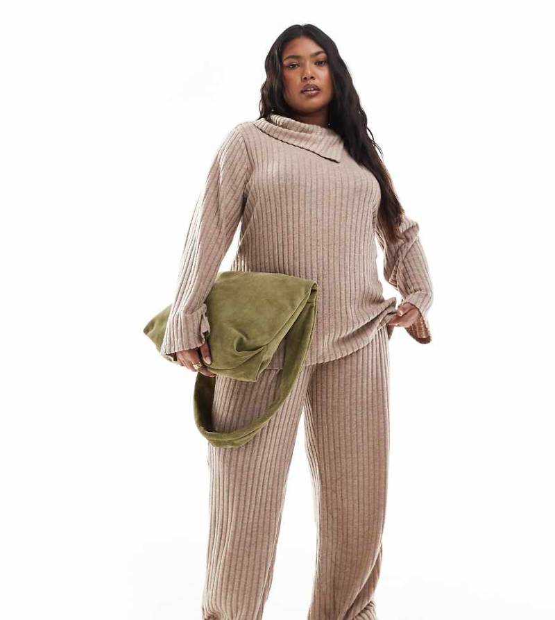 Vero Moda Curve - Gerippte Jersey-Hose in Beige mit weitem Bein, Kombiteil-Neutral von Vero Moda Curve