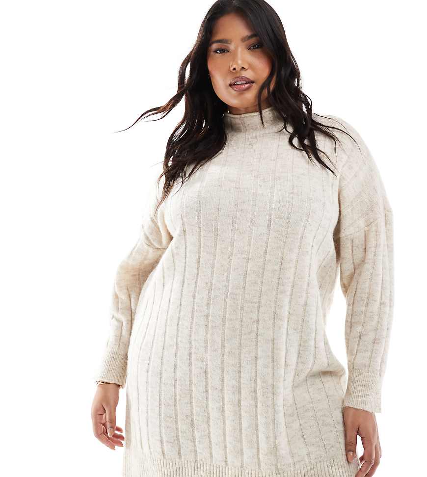 Vero Moda Curve - Geripptes Mini-Strickkleid in Creme meliert mit Oversize-Passform-Weiß Vero Moda Curve - Geripptes Mini-Strickkleid in Creme meliert mit Oversize-Passform-Weiß von Vero Moda Curve
