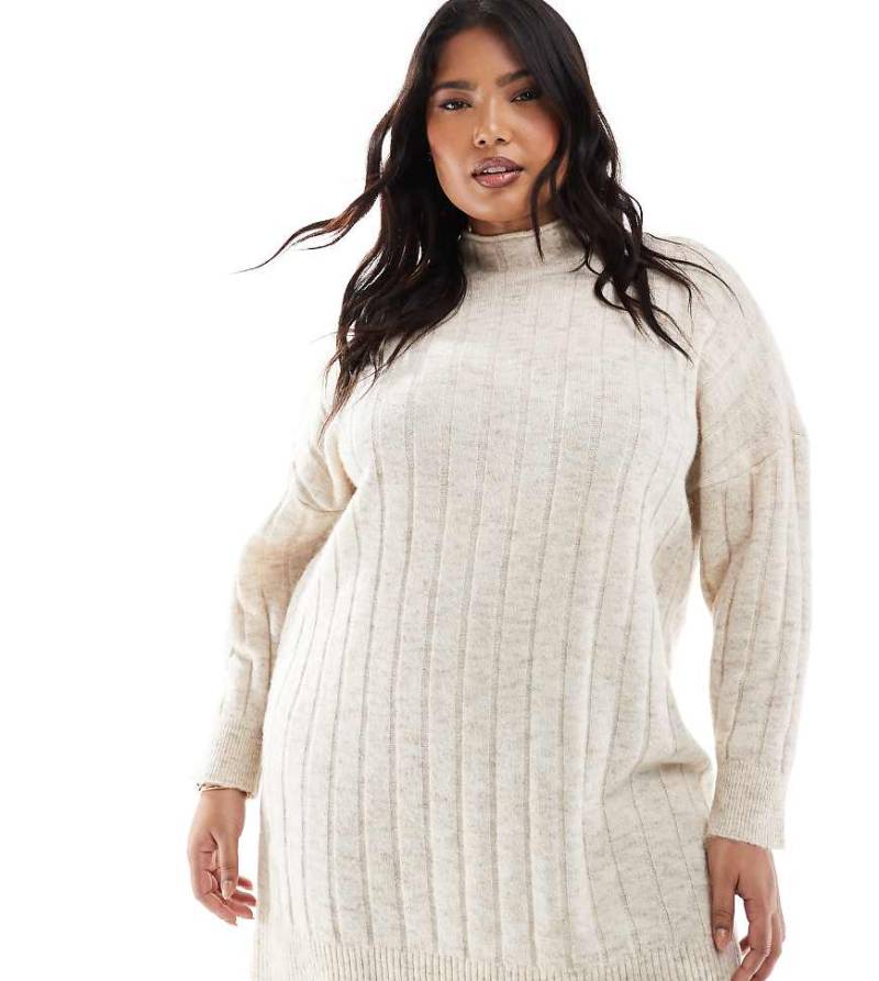 Vero Moda Curve - Geripptes Mini-Strickkleid in Creme meliert mit Oversize-Passform-Weiß von Vero Moda Curve
