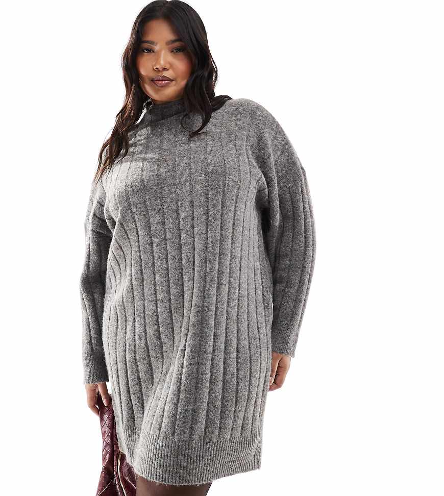 Vero Moda Curve - Geripptes Mini-Strickkleid in Dunkelgrau meliert mit Oversize-Passform Vero Moda Curve - Geripptes Mini-Strickkleid in Dunkelgrau meliert mit Oversize-Passform von Vero Moda Curve