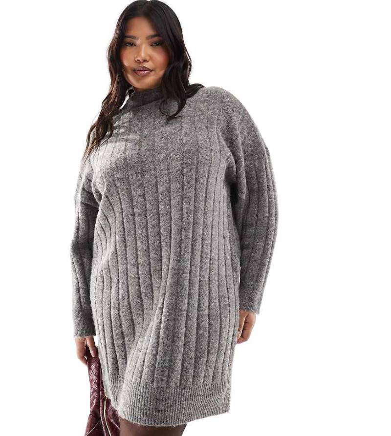 Vero Moda Curve - Geripptes Mini-Strickkleid in Dunkelgrau meliert mit Oversize-Passform von Vero Moda Curve