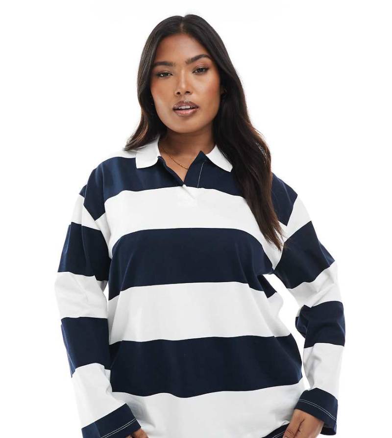 Vero Moda Curve - Gestreiftes Relaxed Fit Oberteil im Rugby-Stil in Marineblau und Weiß von Vero Moda Curve