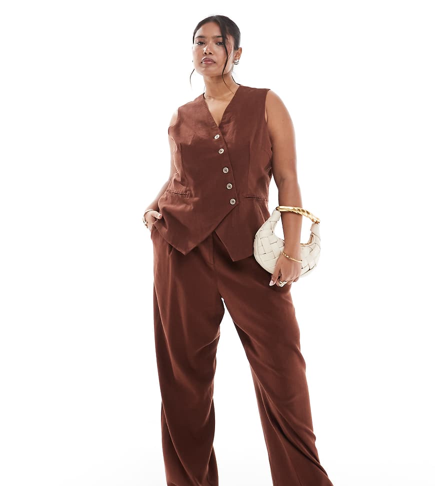 Vero Moda Curve - Hose in Leinenoptik in Schokobraun mit Falten vorne und weitem Bein, Kombiteil von Vero Moda Curve